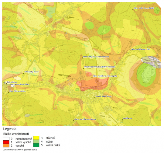 Obr. 5 Velký Šenov - mapa zranitelnosti podzemní vody z hlediska horninového prostředí, s uvedením místních vodních zdrojů